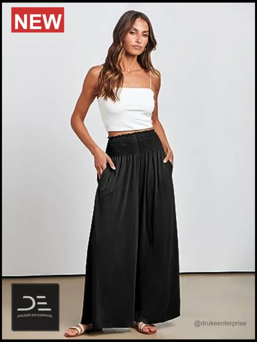 Wide Leg Palazzo Pants with Pockets, High Rise Smocked Waist, Summer Boho - Picture 3 of 7